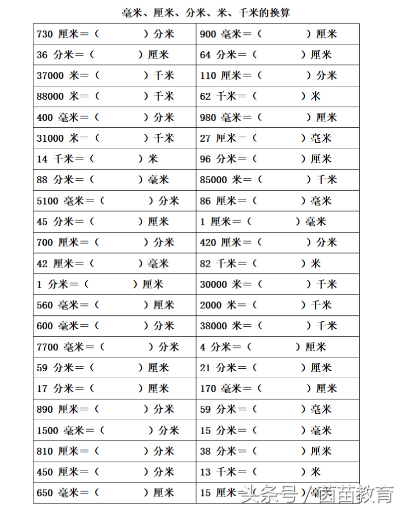 1000毫米等于多少米_单位换算练习题